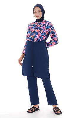 Remsa - Full Coverage Modest Swimsuit With Floral Top 25217-1 Navy Blue (1)