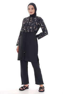 Remsa - Full Coverage Modest Swimsuit With Geometric Print and Elastic Trim Black (1) Remsa - Full Coverage Modest Swimsuit With Geometric Print and Elastic Trim Black (1)