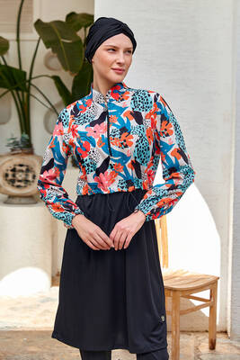 Rozamay - Full Coverage Modest Swimsuit Half Patterned 3401 Black Rozamay - Full Coverage Modest Swimsuit Half Patterned 3401 Black