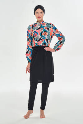 Rozamay - Full Coverage Modest Swimsuit Half Patterned 3401 Black (1) Rozamay - Full Coverage Modest Swimsuit Half Patterned 3401 Black (1)