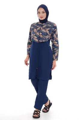 Remsa - Full Coverage Modest Swimsuit With Leaf Print and Elastic Waist Navy Blue