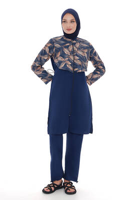 Remsa - Full Coverage Modest Swimsuit With Leaf Print and Elastic Waist Navy Blue (1)