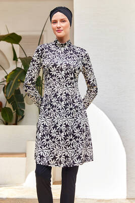 Rozamay - Full Coverage Modest Swimsuit With Monochrome Floral Print 3101 Black Rozamay - Full Coverage Modest Swimsuit With Monochrome Floral Print 3101 Black