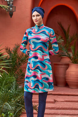 Rozamay - Full Coverage Modest Swimsuit With Pattern 3106 Navy Blue Rozamay - Full Coverage Modest Swimsuit With Pattern 3106 Navy Blue