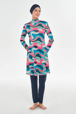 Rozamay - Full Coverage Modest Swimsuit With Pattern 3106 Navy Blue (1) Rozamay - Full Coverage Modest Swimsuit With Pattern 3106 Navy Blue (1)