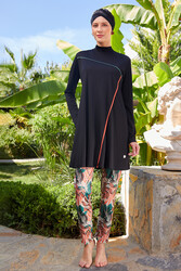 Rozamay - Likrali Full Coverage Modest Swimsuit with Patterned Leggings 3126 Black