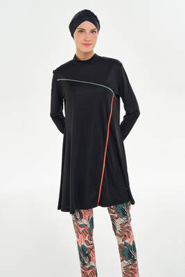 Rozamay - Likrali Full Coverage Modest Swimsuit with Patterned Leggings 3126 Black (1) Rozamay - Likrali Full Coverage Modest Swimsuit with Patterned Leggings 3126 Black (1)