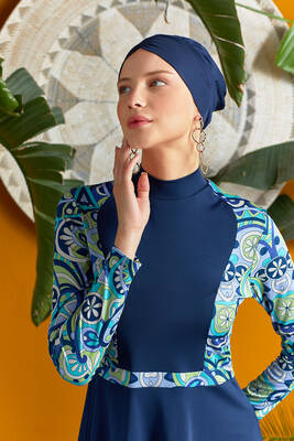 Rozamay - Full Coverage Modest Swimsuit With Patterned Sleeves 3118 Navy Blue Rozamay - Full Coverage Modest Swimsuit With Patterned Sleeves 3118 Navy Blue