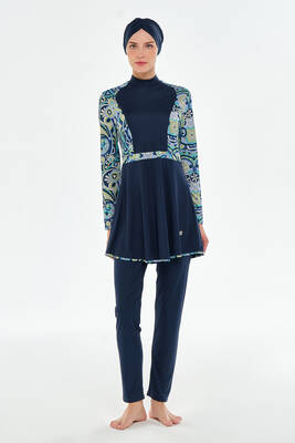 Rozamay - Full Coverage Modest Swimsuit With Patterned Sleeves 3118 Navy Blue (1) Rozamay - Full Coverage Modest Swimsuit With Patterned Sleeves 3118 Navy Blue (1)