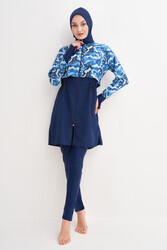 Remsa - Full Coverage Modest Swimsuit Pera Granit 2322 Navy Blue With Marble Print