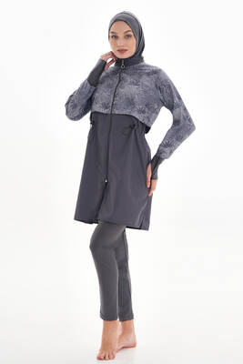 Remsa - Full Coverage Modest Swimsuit Pera Palm 2322 Grey With Tonal Leaf Print