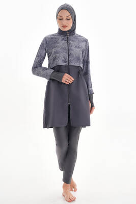 Remsa - Full Coverage Modest Swimsuit Pera Palm 2322 Grey With Tonal Leaf Print (1)