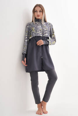 Remsa - Full Coverage Modest Swimsuit Pera Patterned 2322 Grey With Abstract Print Remsa - Full Coverage Modest Swimsuit Pera Patterned 2322 Grey With Abstract Print