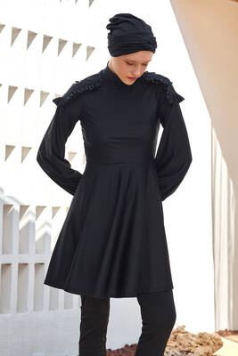 Adasea - Full Coverage Modest Swimsuit With Ruffle Shoulder Detail Yevi 1123 Black Adasea - Full Coverage Modest Swimsuit With Ruffle Shoulder Detail Yevi 1123 Black