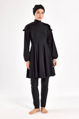 Adasea - Full Coverage Modest Swimsuit With Ruffle Shoulder Detail Yevi 1123 Black (1) Adasea - Full Coverage Modest Swimsuit With Ruffle Shoulder Detail Yevi 1123 Black (1)