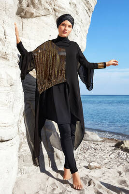 Adasea - 3-Piece Full Coverage Modest Swimsuit With Sequin Cape Jorie 1128 Black Adasea - 3-Piece Full Coverage Modest Swimsuit With Sequin Cape Jorie 1128 Black