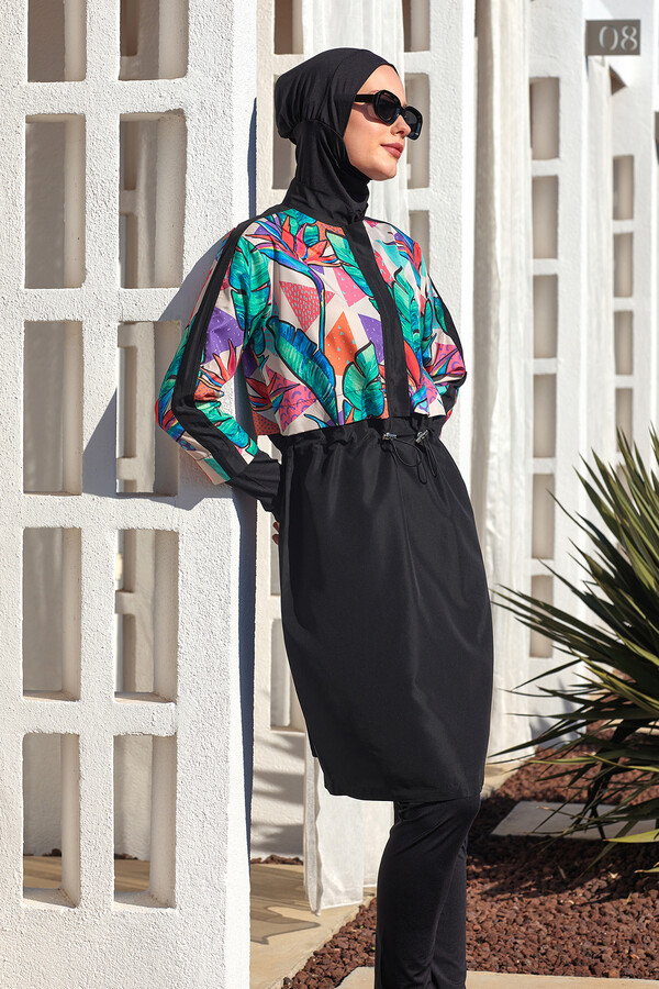 Full Coverage Modest Swimsuit Set in Black 1411 - Thumbnail