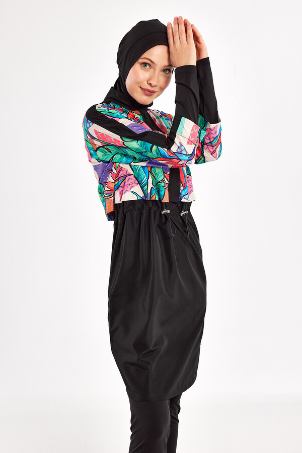 Full Coverage Modest Swimsuit Set in Black 1411 - Thumbnail