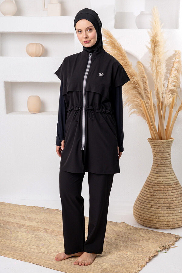 Full Coverage Modest Swimsuit Set with UV Protection and Zip Detail, Black - Thumbnail