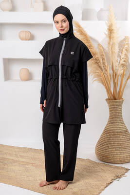 Adasea - Full Coverage Modest Swimsuit Set with UV Protection and Zip Detail, Black