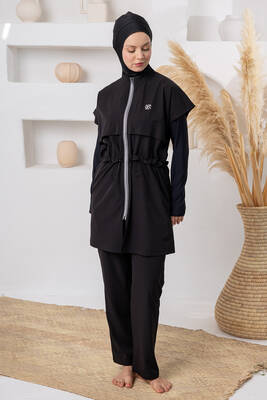 Adasea - Full Coverage Modest Swimsuit Set with UV Protection and Zip Detail, Black (1)