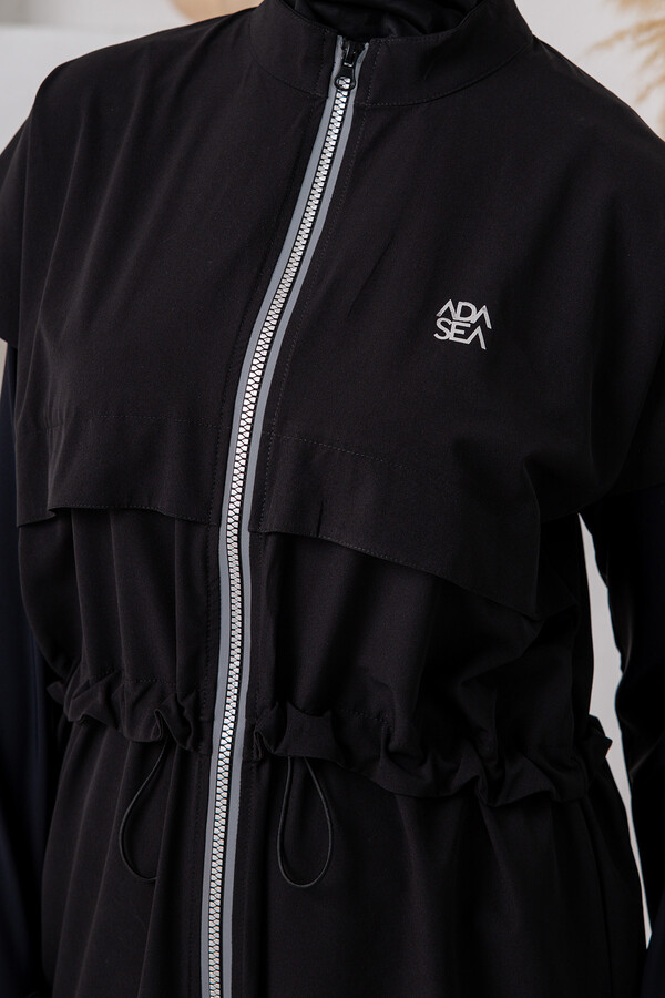 Full Coverage Modest Swimsuit Set with UV Protection and Zip Detail, Black - Thumbnail