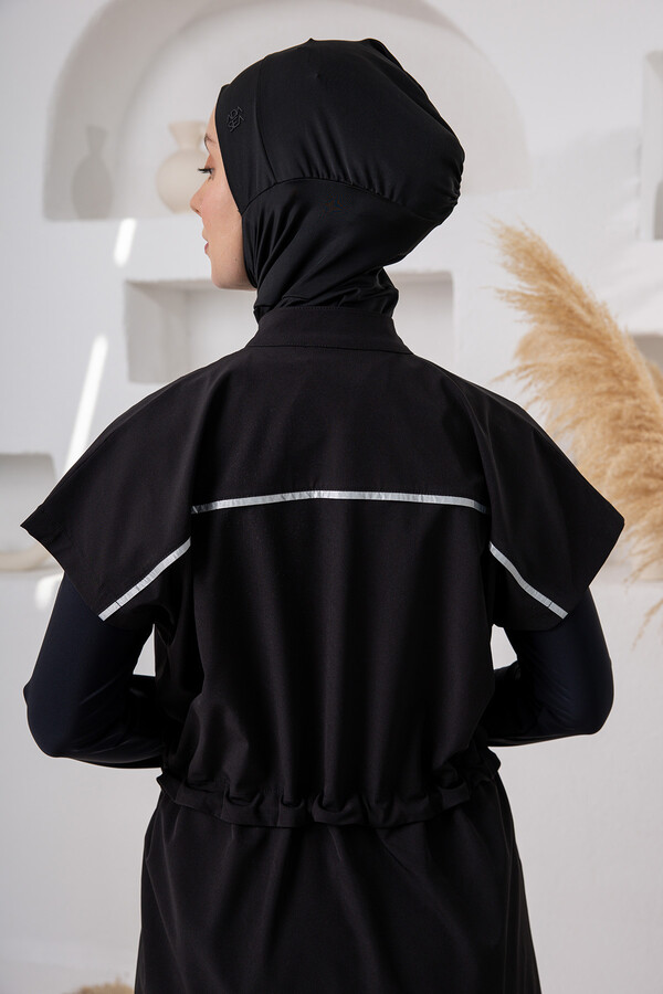 Full Coverage Modest Swimsuit Set with UV Protection and Zip Detail, Black - Thumbnail