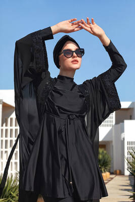 Adasea - 3-Piece Full Coverage Modest Swimsuit Set With Sequin Pareo Jorie 1132 Black Adasea - 3-Piece Full Coverage Modest Swimsuit Set With Sequin Pareo Jorie 1132 Black