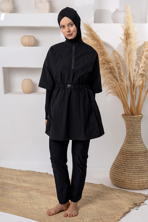 Full Coverage Modest Swimsuit Set with UV Protection and Vest Detail, Black 1306 - Thumbnail