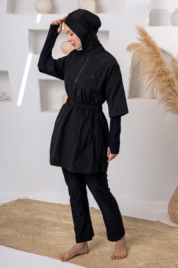 Full Coverage Modest Swimsuit Set with UV Protection and Vest Detail, Black 1306 - Thumbnail