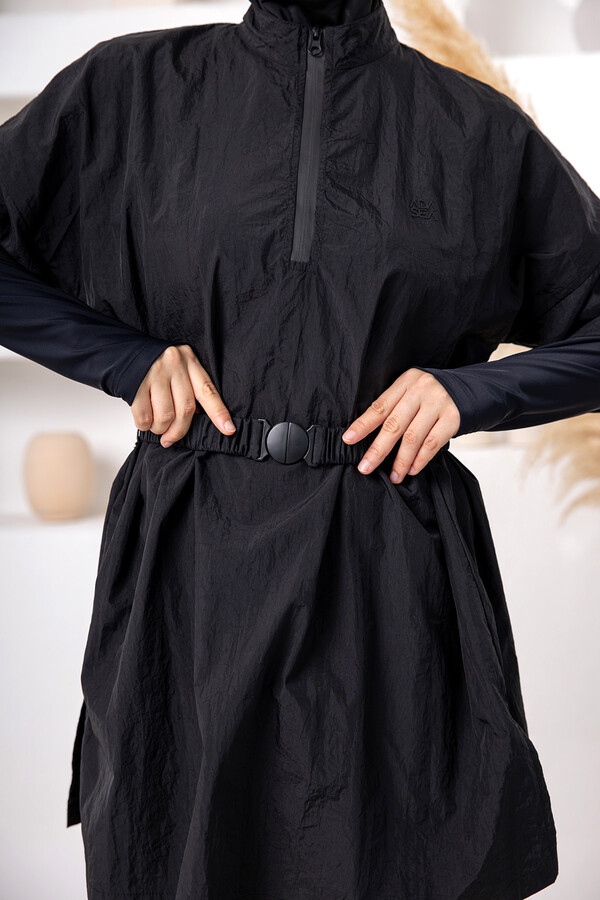 Full Coverage Modest Swimsuit Set with UV Protection and Vest Detail, Black 1306 - Thumbnail