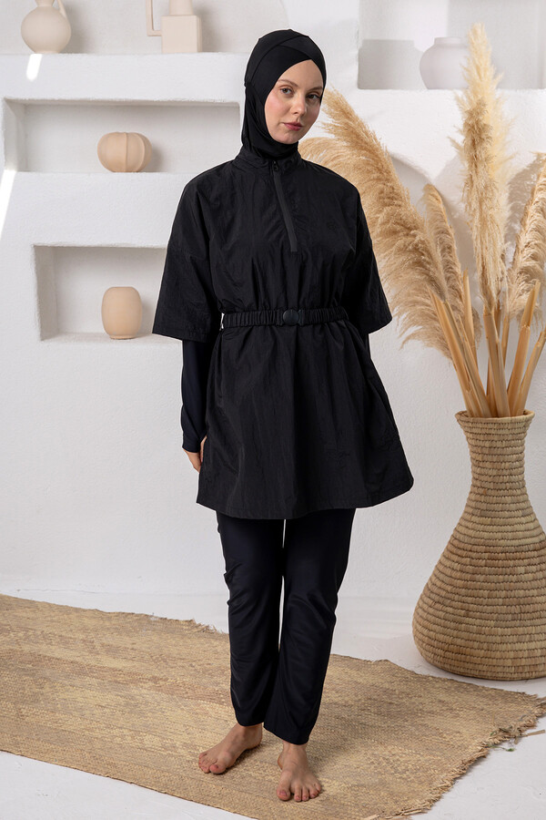 Full Coverage Modest Swimsuit Set with UV Protection and Vest Detail, Black 1306 - Thumbnail