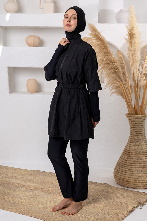 Full Coverage Modest Swimsuit Set with UV Protection and Vest Detail, Black 1306 - Thumbnail