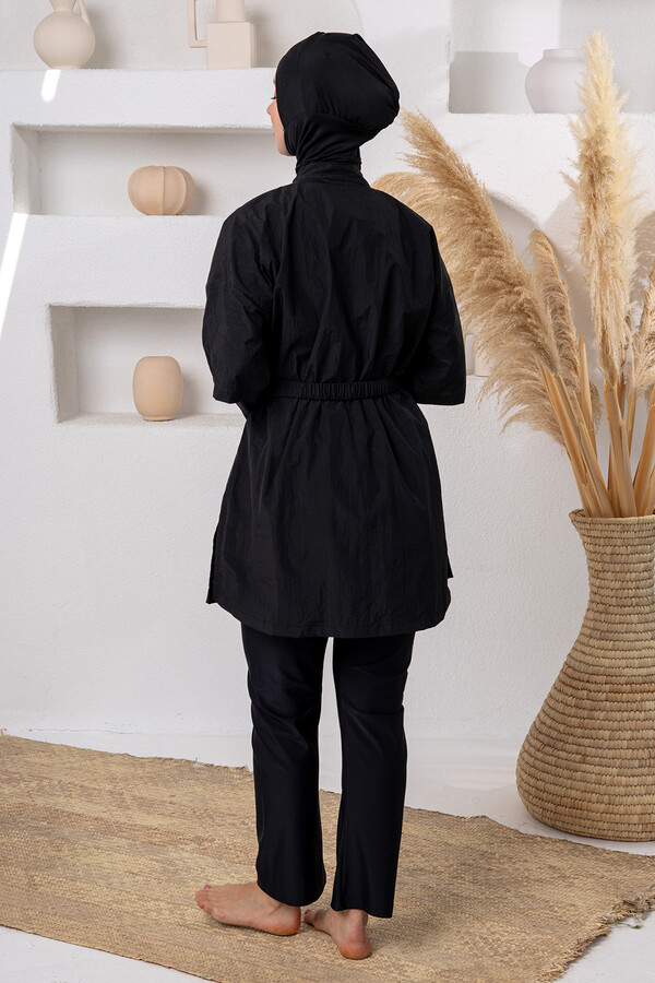 Full Coverage Modest Swimsuit Set with UV Protection and Vest Detail, Black 1306 - Thumbnail