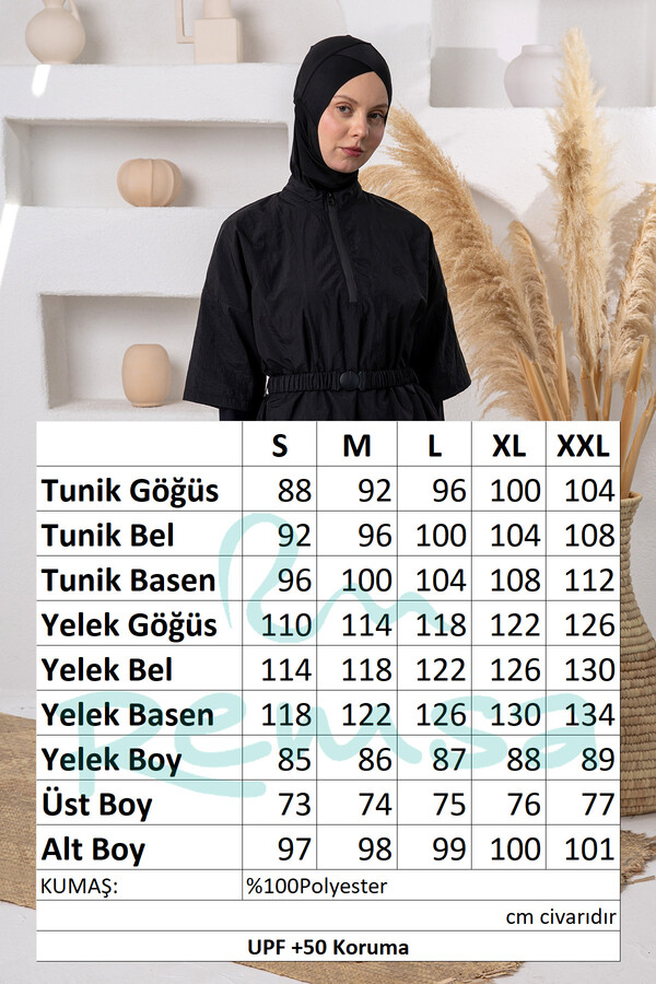 Full Coverage Modest Swimsuit Set with UV Protection and Vest Detail, Black 1306 - Thumbnail