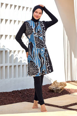 Adasea - Full Coverage Modest Swimsuit Set with Long Sleeve Tunic in Black