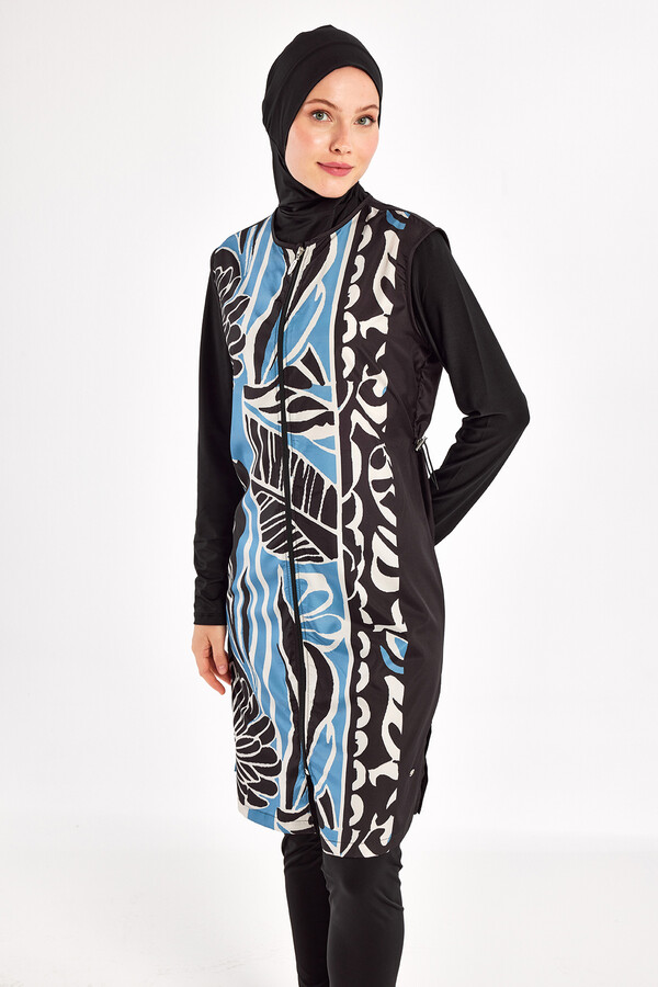 Full Coverage Modest Swimsuit Set with Long Sleeve Tunic in Black - Thumbnail