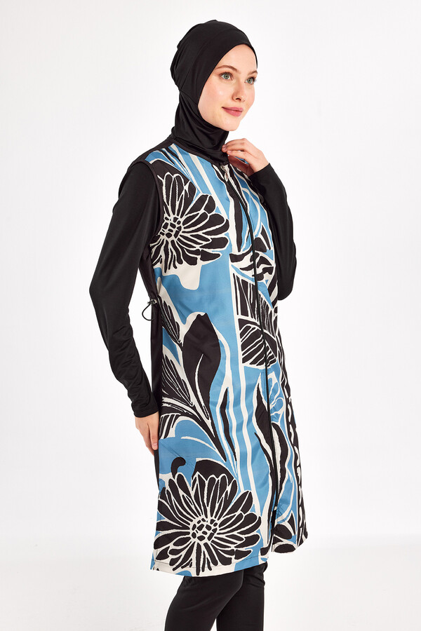 Full Coverage Modest Swimsuit Set with Long Sleeve Tunic in Black - Thumbnail