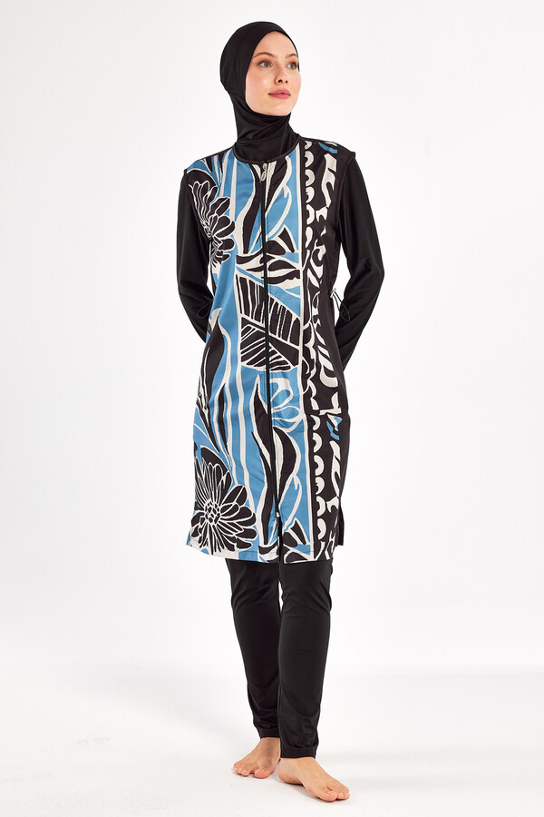 Full Coverage Modest Swimsuit Set with Long Sleeve Tunic in Black - Thumbnail