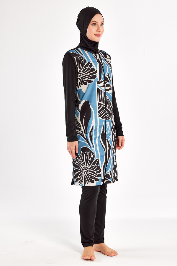 Full Coverage Modest Swimsuit Set with Long Sleeve Tunic in Black - Thumbnail