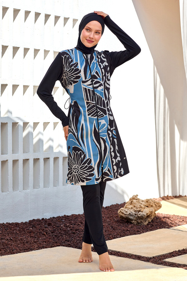 Full Coverage Modest Swimsuit Set with Long Sleeve Tunic in Black - Thumbnail