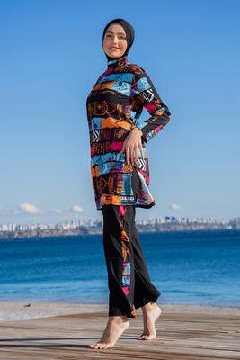 Remsa - Full Coverage Modest Swimsuit With Colorful Tribal Print 25218-1 Black (1) Remsa - Full Coverage Modest Swimsuit With Colorful Tribal Print 25218-1 Black (1)