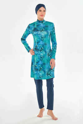 Rozamay - Full Coverage Modest Swimsuit With Tropical Blue Print 3102 Light Navy (1) Rozamay - Full Coverage Modest Swimsuit With Tropical Blue Print 3102 Light Navy (1)