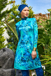 Rozamay - Full Coverage Modest Swimsuit With Tropical Blue Print 3102 Light Navy