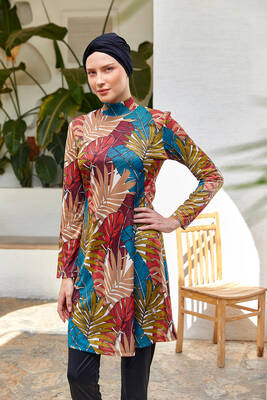 Rozamay - Full Coverage Modest Swimsuit With Tropical Leaf Print 3107 Black Rozamay - Full Coverage Modest Swimsuit With Tropical Leaf Print 3107 Black