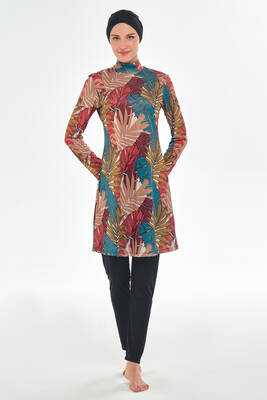 Rozamay - Full Coverage Modest Swimsuit With Tropical Leaf Print 3107 Black (1) Rozamay - Full Coverage Modest Swimsuit With Tropical Leaf Print 3107 Black (1)