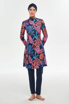 Rozamay - Full Coverage Modest Swimsuit With Tropical Print 3108 Navy Blue (1) Rozamay - Full Coverage Modest Swimsuit With Tropical Print 3108 Navy Blue (1)