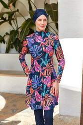 Rozamay - Full Coverage Modest Swimsuit With Tropical Print 3108 Navy Blue