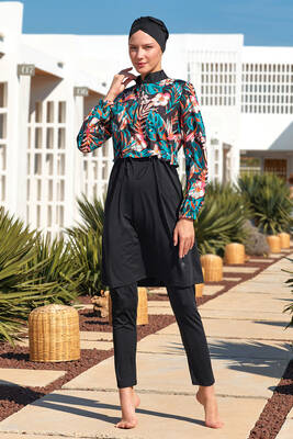 Adasea - Full Coverage Modest Swimsuit With Floral Jacket 2402 Black Adasea - Full Coverage Modest Swimsuit With Floral Jacket 2402 Black