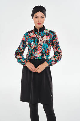 Adasea - Full Coverage Modest Swimsuit With Floral Jacket 2402 Black (1) Adasea - Full Coverage Modest Swimsuit With Floral Jacket 2402 Black (1)